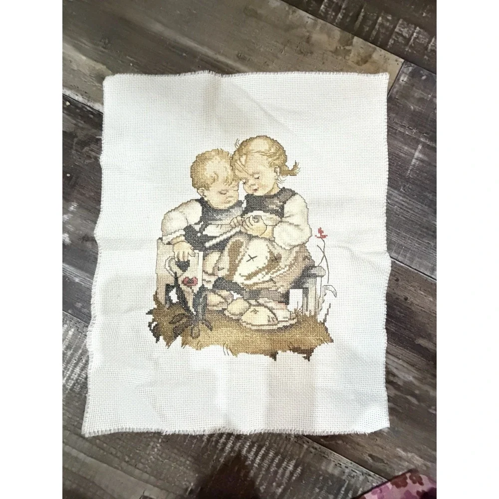 Vintage‎ Cross Stitch Embroidery Child Sewing Scene Wall Art Cozy Cottagecore